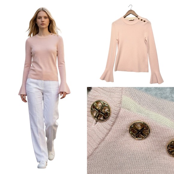 Tory Burch Sweaters - Tory Burch Kimberly Sweater Women S P Pink Merino Wool Bell Sleeve Gold Button